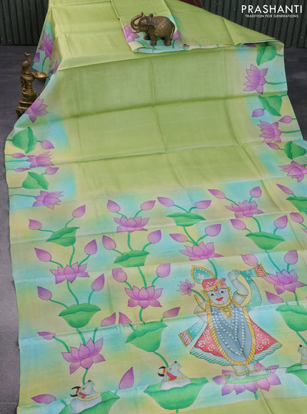 Pure tussar silk saree light green and sandal with plain body and pichwai hand painted pallu & border