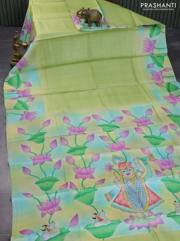 Pure tussar silk saree light green and sandal with plain body and pichwai hand painted pallu & border
