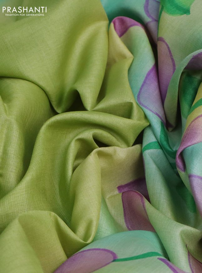 Pure tussar silk saree light green and sandal with plain body and pichwai hand painted pallu & border