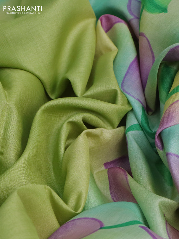 Pure tussar silk saree light green and sandal with plain body and pichwai hand painted pallu & border