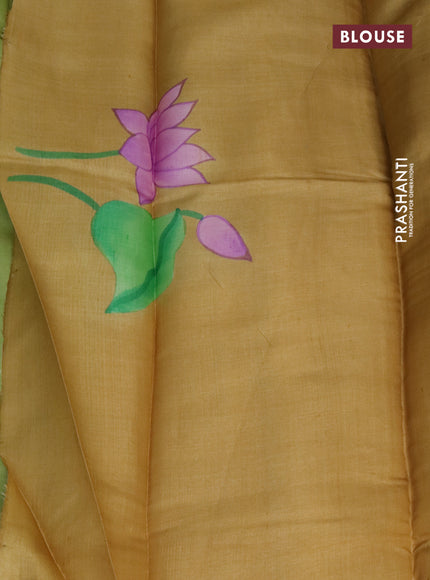 Pure tussar silk saree light green and sandal with plain body and pichwai hand painted pallu & border