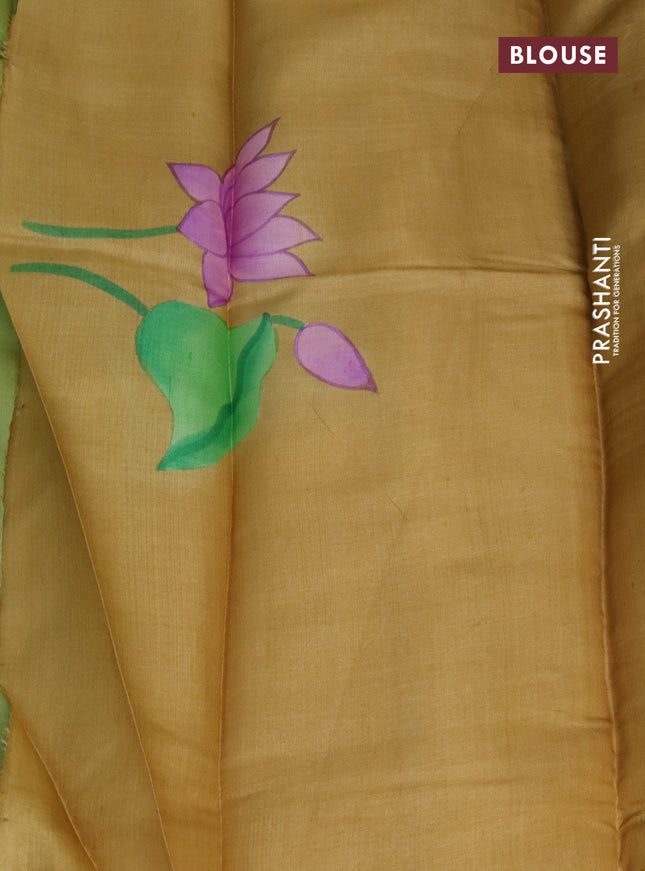 Pure tussar silk saree light green and sandal with plain body and pichwai hand painted pallu & border