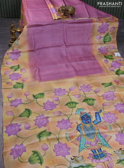Pure tussar silk saree mauve pink and rust shade with plain body and pichwai hand painted pallu & border