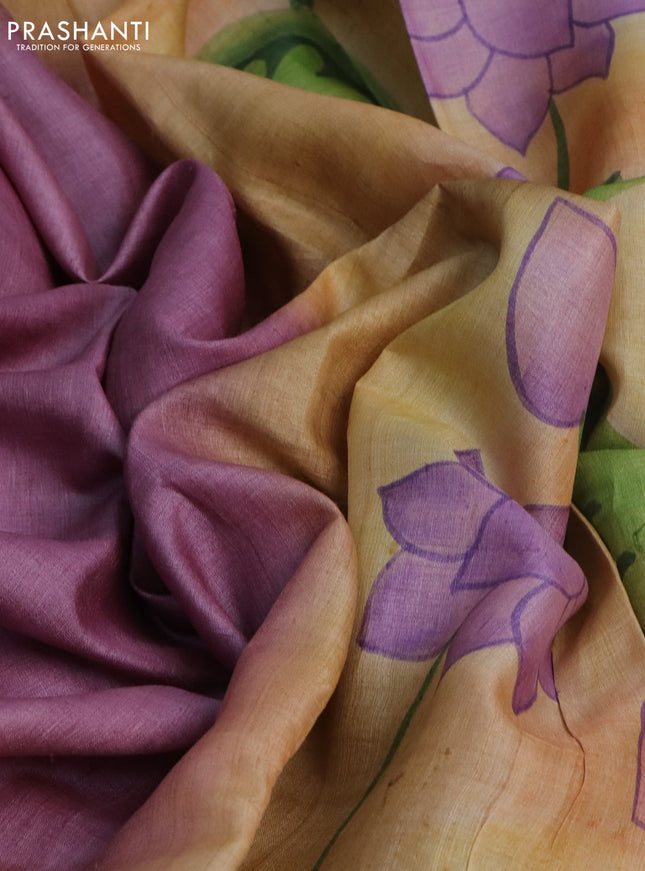 Pure tussar silk saree mauve pink and rust shade with plain body and pichwai hand painted pallu & border