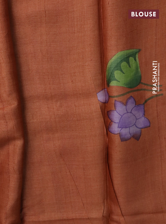 Pure tussar silk saree mauve pink and rust shade with plain body and pichwai hand painted pallu & border