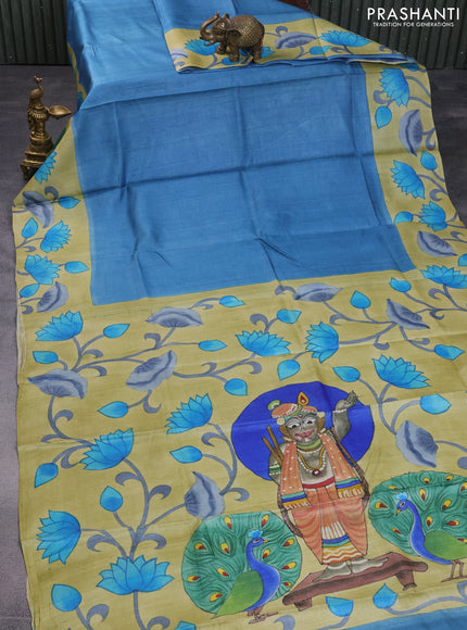 Pure tussar silk saree blue shade and elaichi green with plain body and pichwai hand painted pallu & border