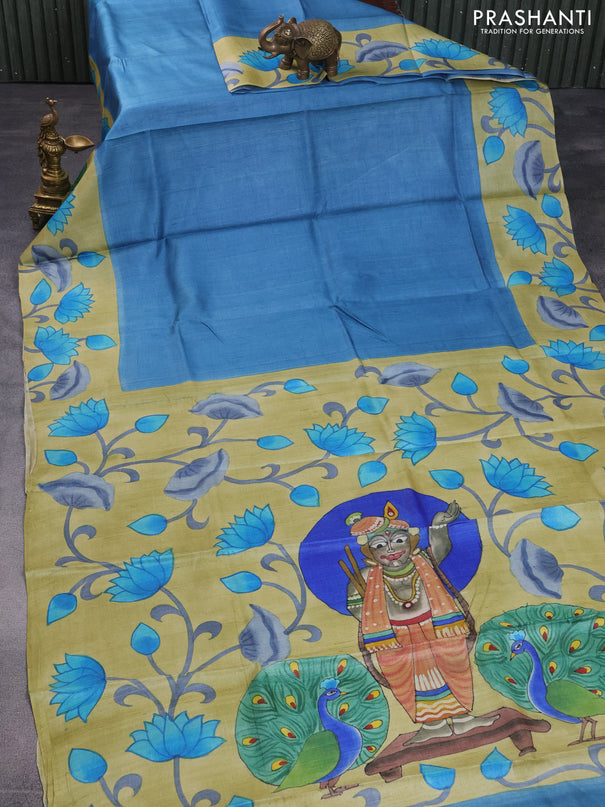 Pure tussar silk saree blue shade and elaichi green with plain body and pichwai hand painted pallu & border
