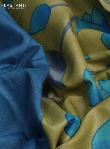 Pure tussar silk saree blue shade and elaichi green with plain body and pichwai hand painted pallu & border