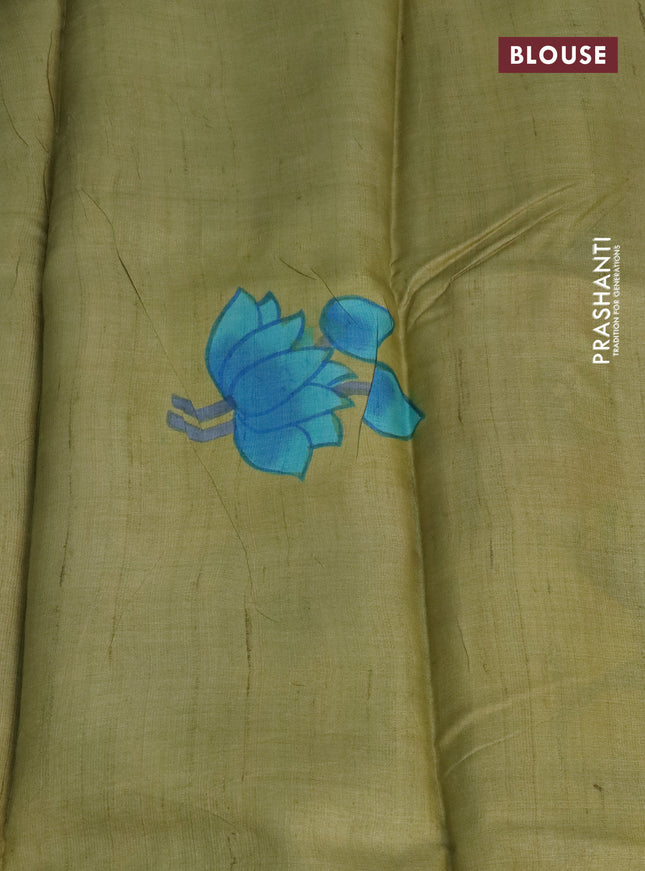Pure tussar silk saree blue shade and elaichi green with plain body and pichwai hand painted pallu & border