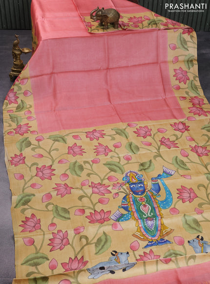 Pure tussar silk saree peach shade and pale yellow with plain body and pichwai hand painted pallu & border