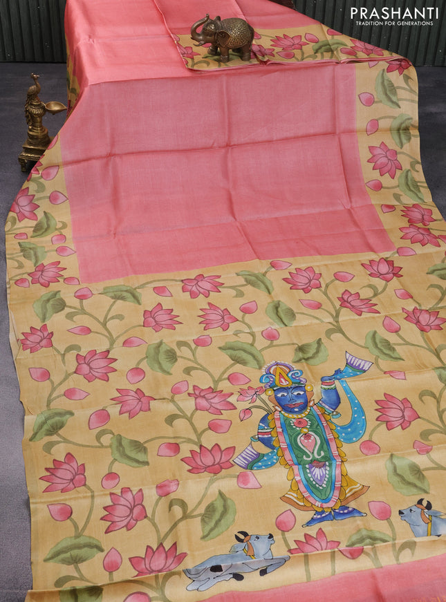 Pure tussar silk saree peach shade and pale yellow with plain body and pichwai hand painted pallu & border