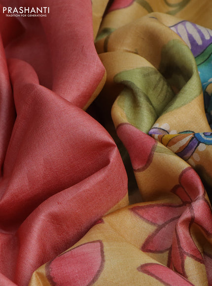 Pure tussar silk saree peach shade and pale yellow with plain body and pichwai hand painted pallu & border