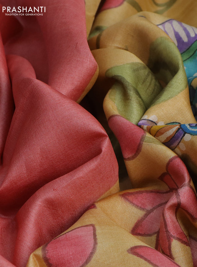 Pure tussar silk saree peach shade and pale yellow with plain body and pichwai hand painted pallu & border