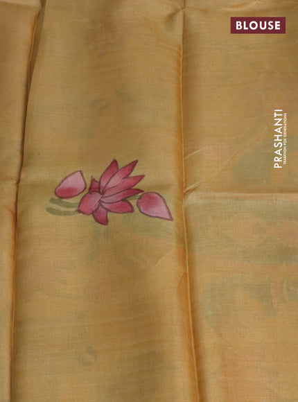 Pure tussar silk saree peach shade and pale yellow with plain body and pichwai hand painted pallu & border