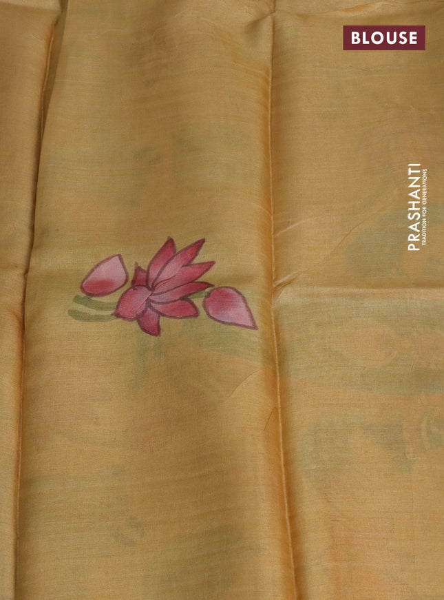 Pure tussar silk saree peach shade and pale yellow with plain body and pichwai hand painted pallu & border