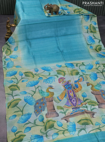 Pure tussar silk saree teal blue and bluish grey with plain body and pichwai hand painted pallu & border