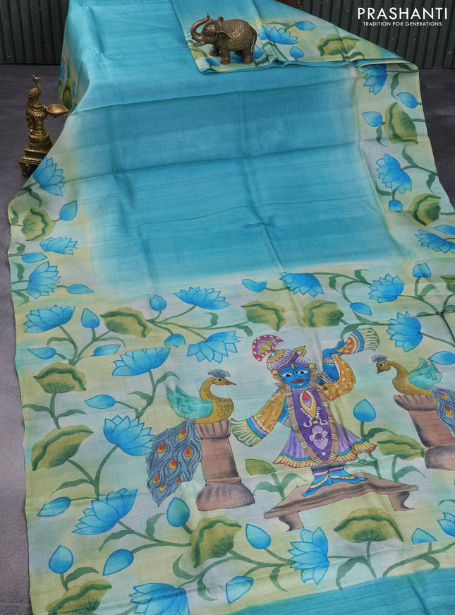Pure tussar silk saree teal blue and bluish grey with plain body and pichwai hand painted pallu & border