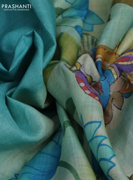 Pure tussar silk saree teal blue and bluish grey with plain body and pichwai hand painted pallu & border