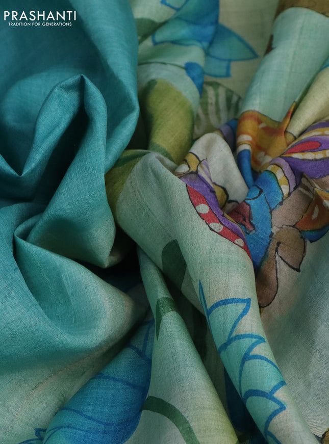 Pure tussar silk saree teal blue and bluish grey with plain body and pichwai hand painted pallu & border