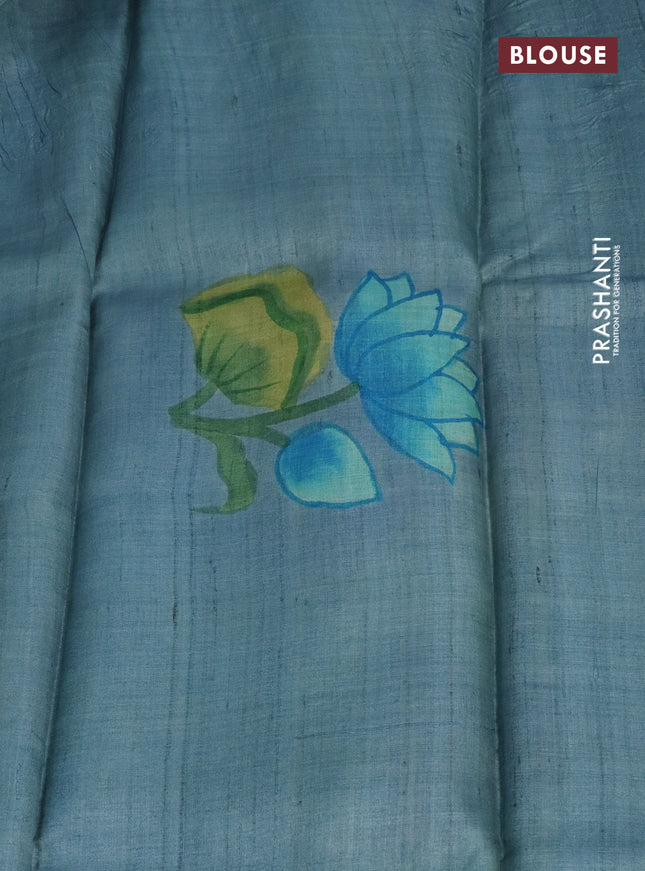 Pure tussar silk saree teal blue and bluish grey with plain body and pichwai hand painted pallu & border