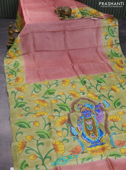 Pure tussar silk saree dark peach and elaichi green with plain body and pichwai hand painted pallu & border