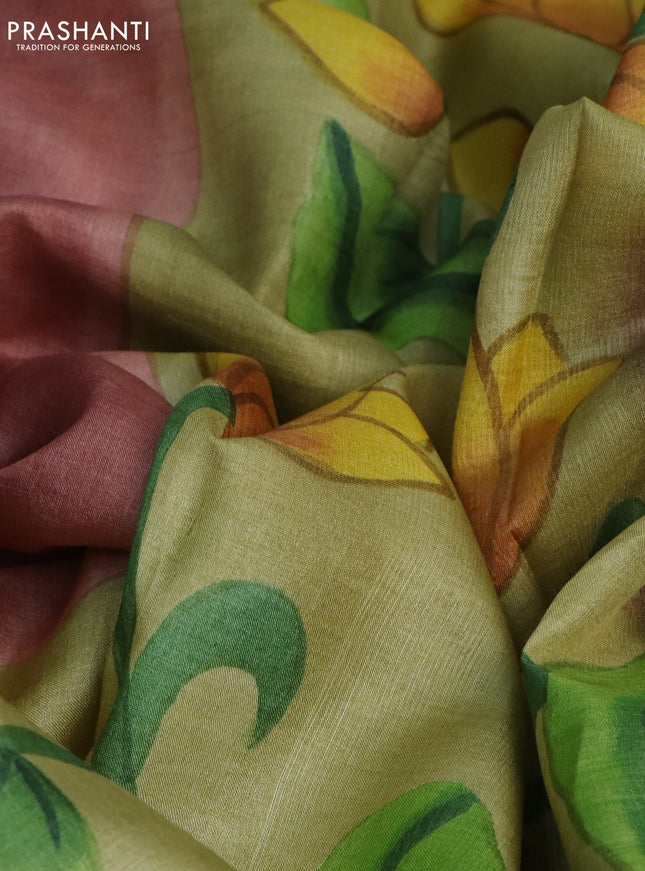 Pure tussar silk saree dark peach and elaichi green with plain body and pichwai hand painted pallu & border