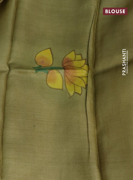 Pure tussar silk saree dark peach and elaichi green with plain body and pichwai hand painted pallu & border