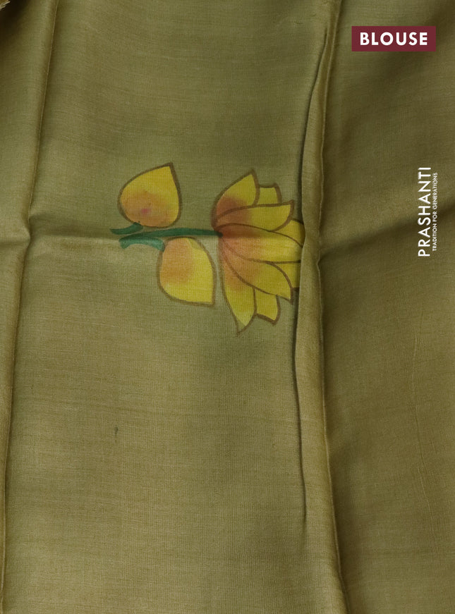 Pure tussar silk saree dark peach and elaichi green with plain body and pichwai hand painted pallu & border