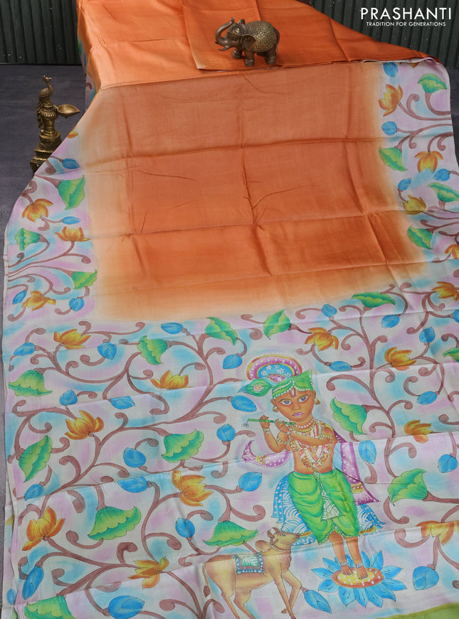 Pure tussar silk saree orange and light green with plain body and pichwai hand painted pallu & border