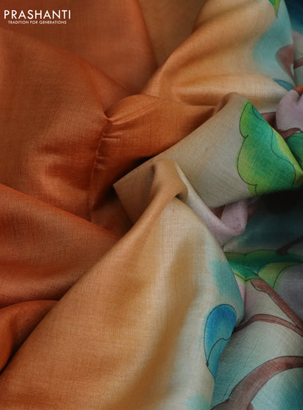 Pure tussar silk saree orange and light green with plain body and pichwai hand painted pallu & border