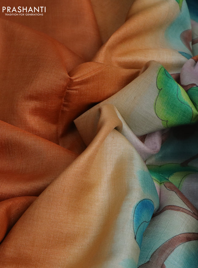 Pure tussar silk saree orange and light green with plain body and pichwai hand painted pallu & border