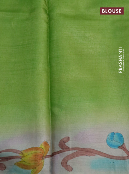 Pure tussar silk saree orange and light green with plain body and pichwai hand painted pallu & border