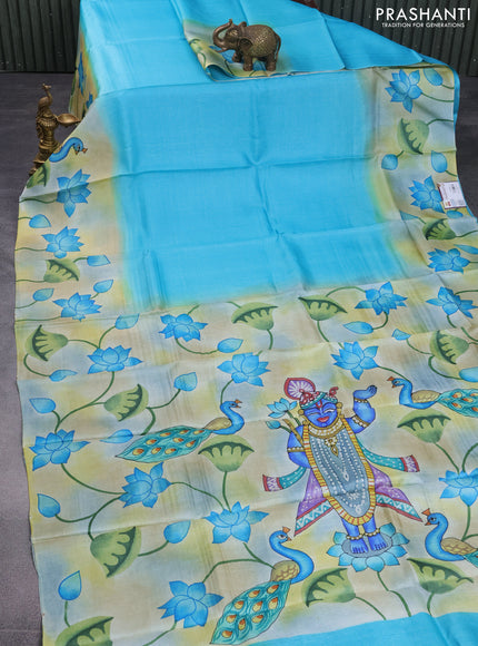 Pure tussar silk saree teal blue and pastel blue shade with plain body and pichwai hand painted pallu & border