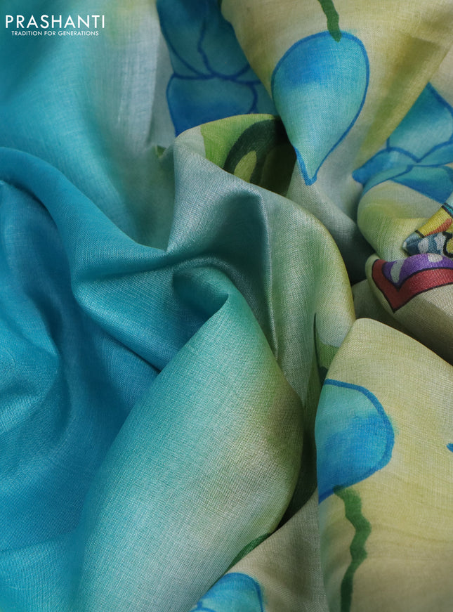 Pure tussar silk saree teal blue and pastel blue shade with plain body and pichwai hand painted pallu & border