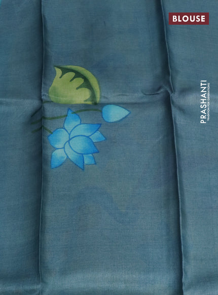 Pure tussar silk saree teal blue and pastel blue shade with plain body and pichwai hand painted pallu & border
