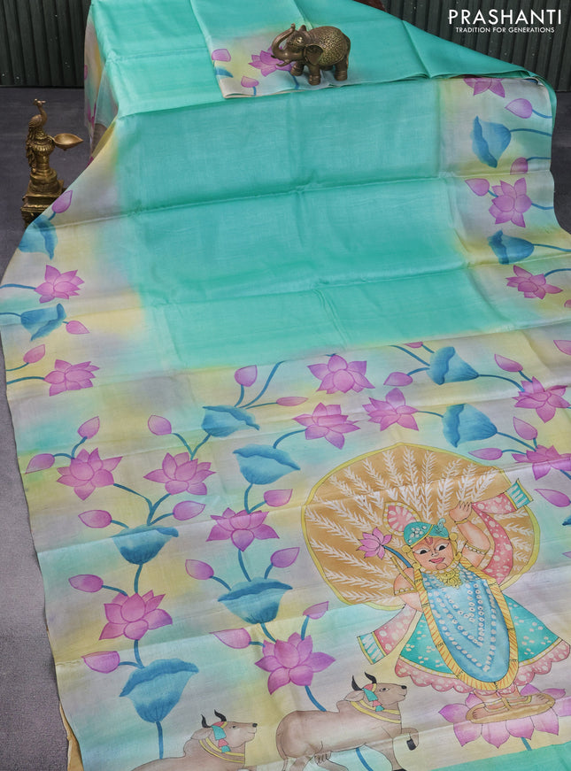 Pure tussar silk saree teal green shade and sandal with plain body and pichwai hand painted pallu & border