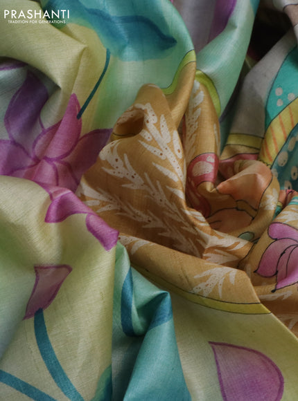 Pure tussar silk saree teal green shade and sandal with plain body and pichwai hand painted pallu & border