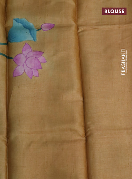Pure tussar silk saree teal green shade and sandal with plain body and pichwai hand painted pallu & border