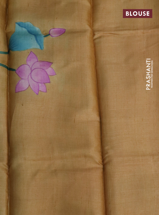 Pure tussar silk saree teal green shade and sandal with plain body and pichwai hand painted pallu & border