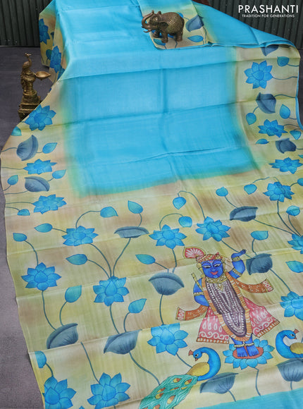 Pure tussar silk saree teal blue and green with plain body and pichwai hand painted pallu & border