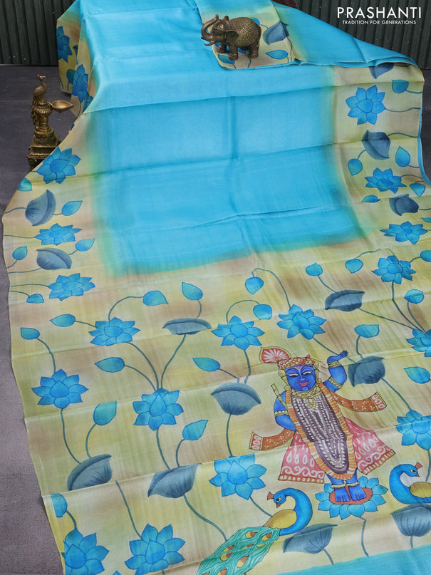 Pure tussar silk saree teal blue and green with plain body and pichwai hand painted pallu & border