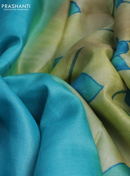 Pure tussar silk saree teal blue and green with plain body and pichwai hand painted pallu & border