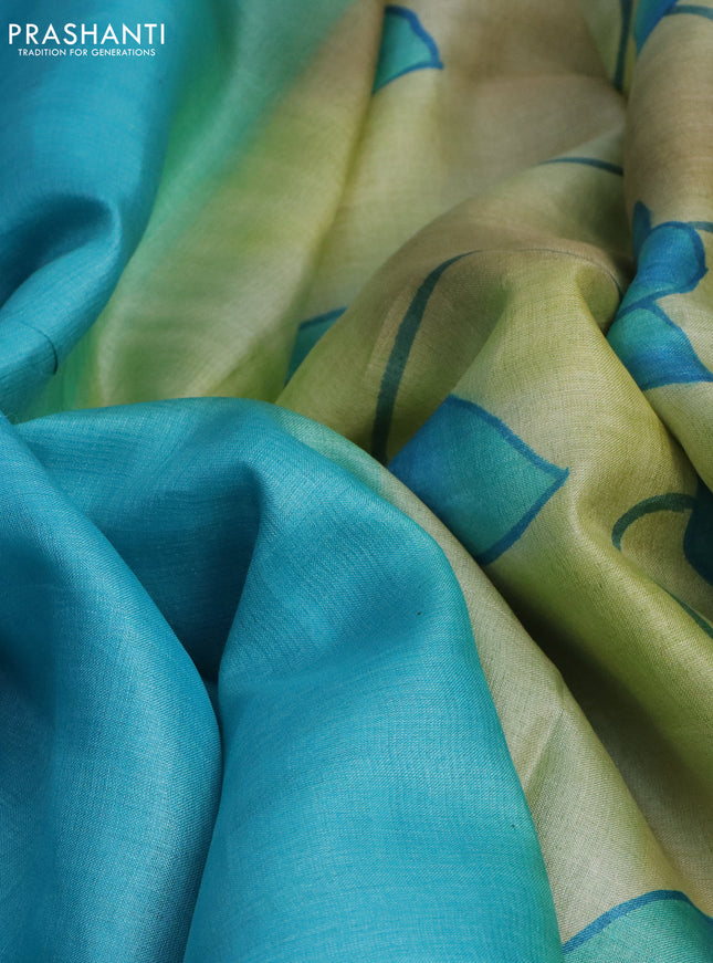Pure tussar silk saree teal blue and green with plain body and pichwai hand painted pallu & border