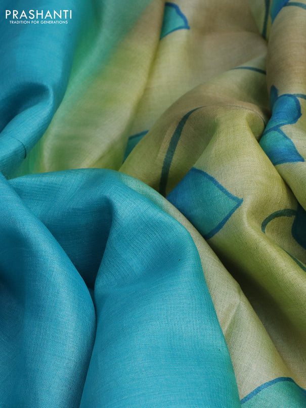 Pure tussar silk saree teal blue and green with plain body and pichwai hand painted pallu & border