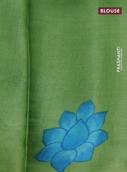 Pure tussar silk saree teal blue and green with plain body and pichwai hand painted pallu & border