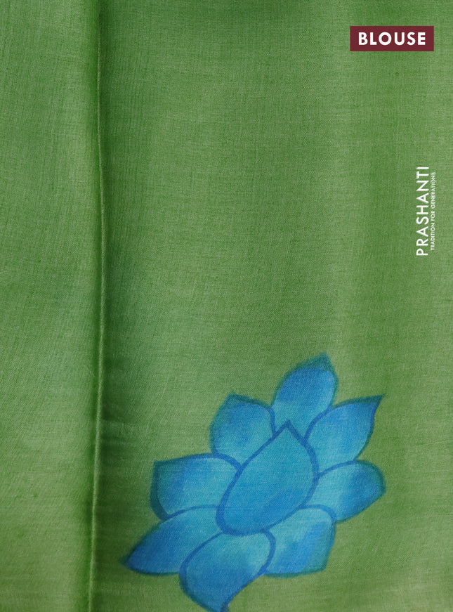 Pure tussar silk saree teal blue and green with plain body and pichwai hand painted pallu & border
