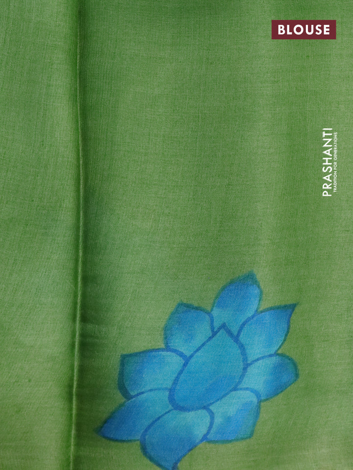Pure tussar silk saree teal blue and green with plain body and pichwai hand painted pallu & border