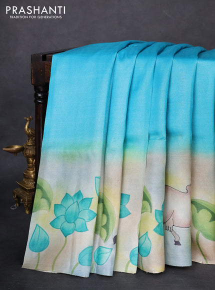 Pure tussar silk saree teal blue and bluish grey with plain body and pichwai hand painted pallu & border