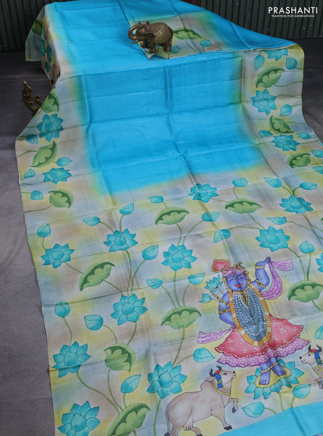 Pure tussar silk saree teal blue and bluish grey with plain body and pichwai hand painted pallu & border