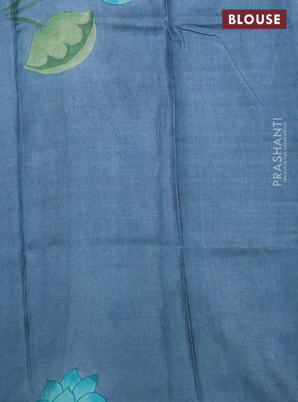 Pure tussar silk saree teal blue and bluish grey with plain body and pichwai hand painted pallu & border